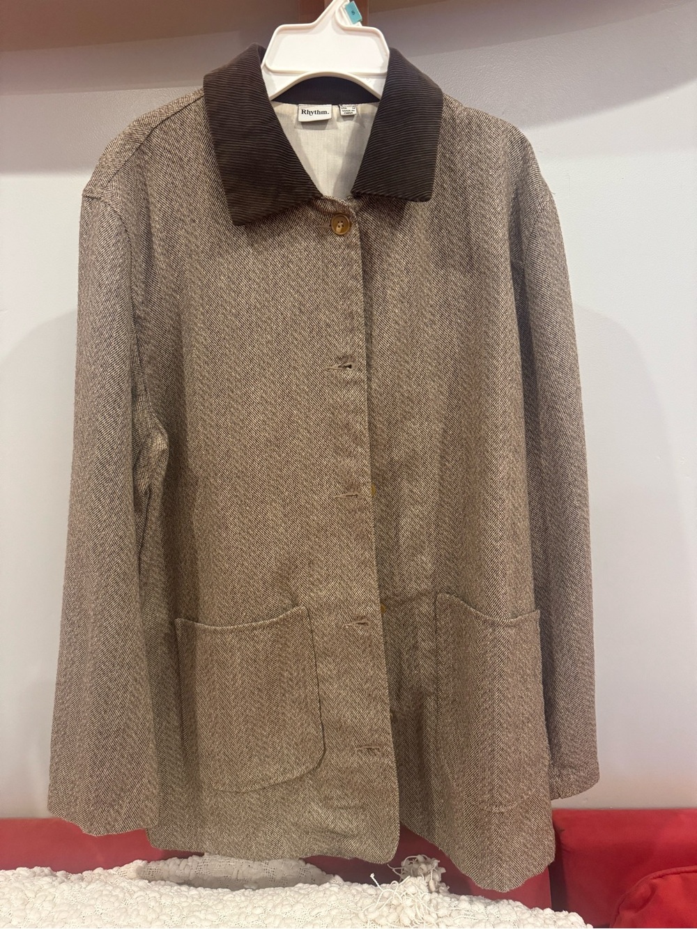 Rhythm. Brown Herringbone Chore Coat with Dark Brown Corduroy Collar